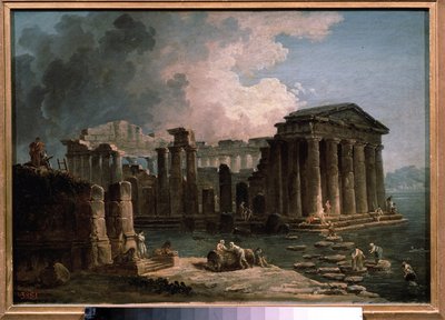 Ett tempel omger av vatten. Målning av Hubert Robert (1733-1808), olja på duk, cirka 1780, fransk konst. State A. Pushkin Museum of Fine Arts, Moskva. av Hubert Robert