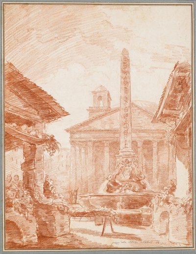 Utsikt över Piazza della Rotonda i Rom med Tritons fontän och Pantheon fasaden av Hubert Robert