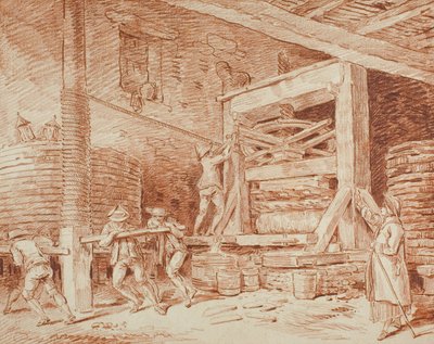 Wine Press, ca 1759 (röd krita på gulfärgat papper, nedlagd på krämigt kort) av Hubert Robert