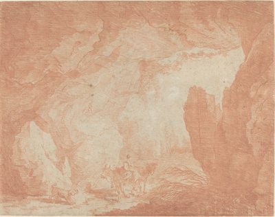 Ung kvinna med åsnor som rider under en naturlig bro av Hubert Robert