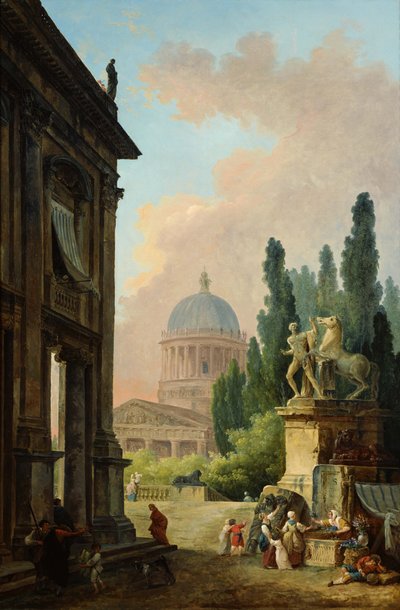 Ett fantasifullt romerskt landskap med utsikt över kolossen och katedralen i Monte Cavallo av Hubert Robert