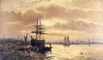 Fiskare på stranden av en mynning vid solnedgången av Hubert Thornley