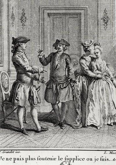 Jag kan inte stå ut med plågorna här längre där jag är, illustration för Eugenie av Beaumarchais, graverad av Louis Joseph Masquelier (1741-1811) av Hubert after Gravelot