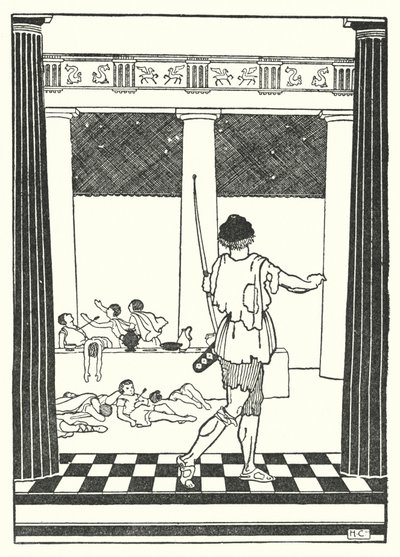 Odysseus dödar Penelopes friare (litografi) av Hugh Chesterman