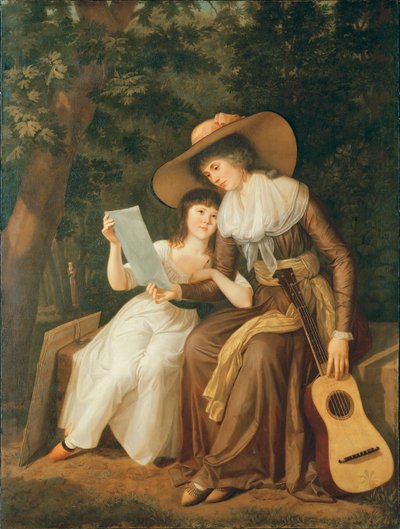 Dubbelporträtt av Mary, grevinnan av Erne, med dottern Lady Caroline Crichton, senare Lady Wharncliffe, fullängds sittande, den förra i brun klänning med gult skärp, iklädd ett stort sugrör av Hugh Douglas Hamilton