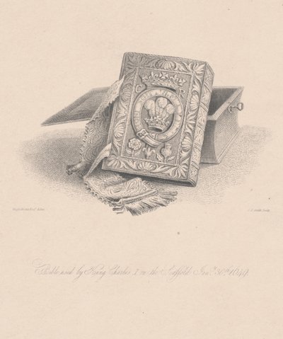 Bibeln användes av kung Charles I på ställningen den 30 januari 1649, graverad av C.J. Smith av Hugh Irvine