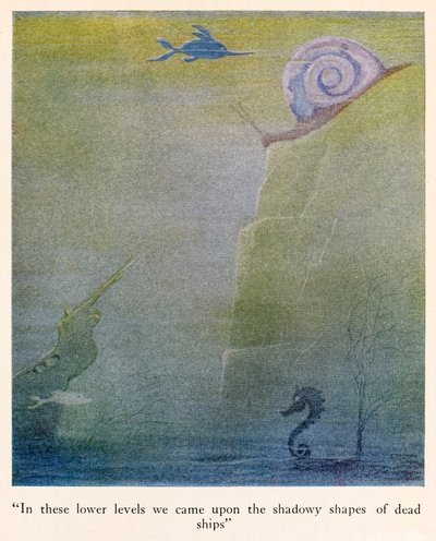 "I dessa lägre nivåer kom vi på de skuggiga formerna av döda skepp" illustration från The Voyages of Doctor Dolittle av Hugh Lofting