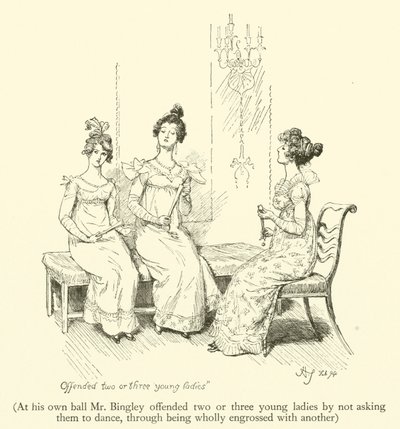 På sin egen bal förolämpade Mr Bingley två eller tre unga damer genom att inte be dem dansa, genom att vara helt uppslukad av en annan (gravyr) av Hugh Thomson