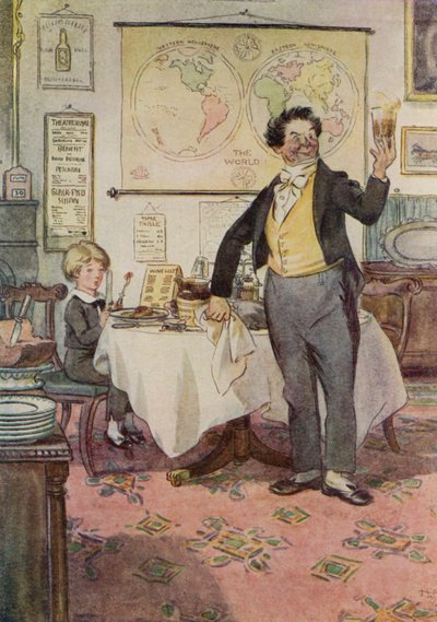 David Copperfield och servitören i Yarmouth (färg litho) av Hugh Thomson