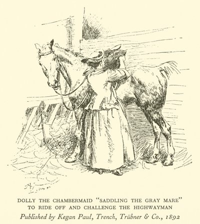 Dolly the Chambermaid "Saddling the Grey Mare", att rida iväg och utmana Highwayman (gravyr) av Hugh Thomson