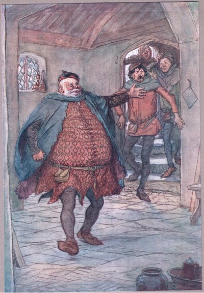 Enter Falstaff, pistol, Nym och Bardolph, illustration från The Merry Wives of Windsor, 1910 av Hugh Thomson
