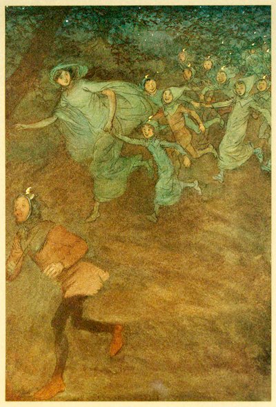Enter Sir Hugh Evans, Anne Page, och andra, från The Merry Wives of Windsor, 1910. av Hugh Thomson