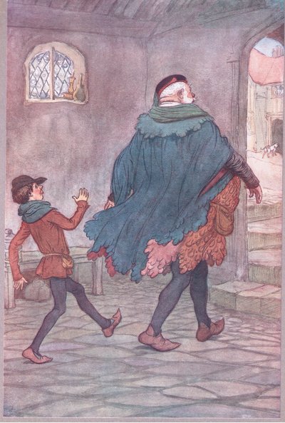 Exeunt Falstaff och Robin, illustration från The Merry Wives of Windsor, 1910 av Hugh Thomson