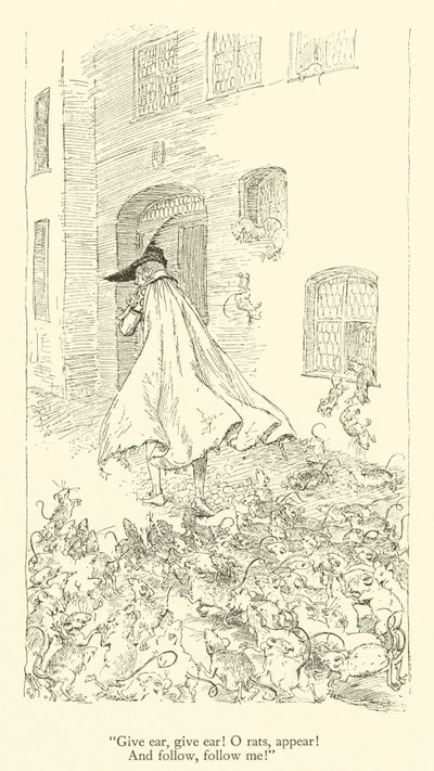 Ge öra, ge öra! O råttor, dyka upp! och följ, följ mig! (gravyr) av Hugh Thomson