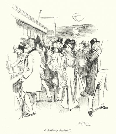 London: A Railway Bookstall (färglitografi) av Hugh Thomson
