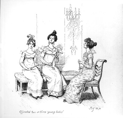 "Kränkta två eller tre unga damer", Bingley-systrarna från "Stolthet och fördom" av Jane Austen, 1894 (gravyr) (bw-foto) av Hugh Thomson