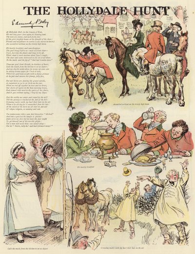 Serie av illustrationer som föreställer Hollydale-jakten av Hugh Thomson