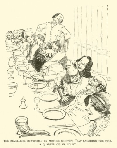 The Revellers, förhäxad av Mother Shipton, "Sat Laughing for Full a Quarter of an Hour" (gravyr) av Hugh Thomson
