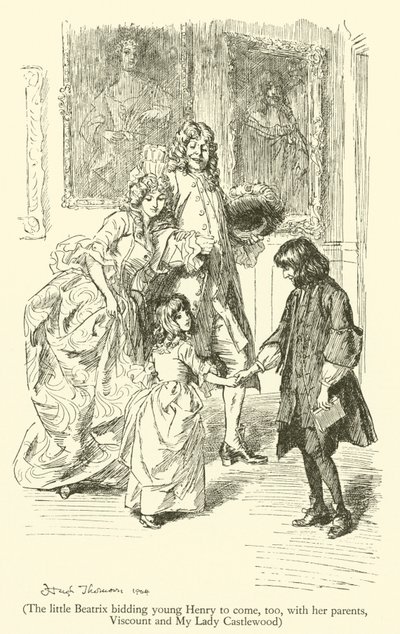 Den lilla Beatrix ber unga Henry att också komma med sina föräldrar, Viscount och My Lady Castlewood (gravyr) av Hugh Thomson