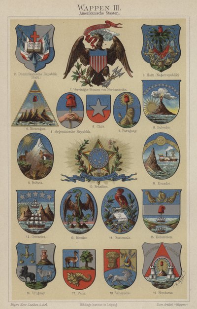 Vapensköldar från länder i Amerika (färg litho) av Hugo Gerard (after) Strohl