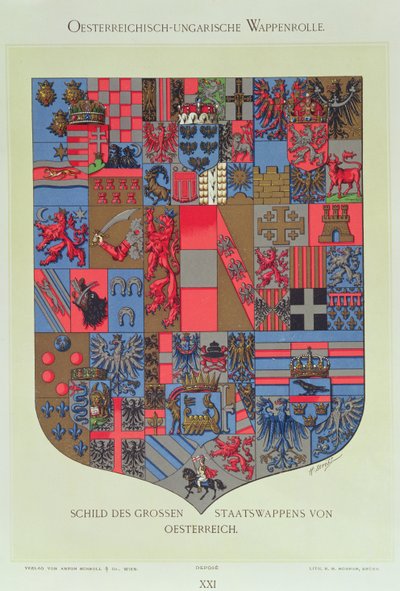 01315 det österrikisk-ungerska imperiets vapen, som visar vapenlagren för det kejserliga österrikiska hovet graverade av R. M. Rohrer (färgad litho) av Hugo Gerard Strohl