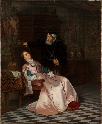 Gustav Vasa hittar sin gemål Catherine Stenbock sover och hör henne säga kung Gösta jag älskar..., 1 av Hugo Salmson
