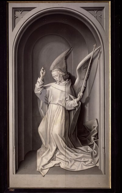 Bebådelsens ängel, ytterpanel på triptyken Portinari - olja på panel, c.1475 av Hugo van der Goes