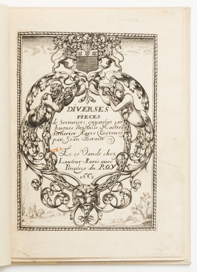 Titelsida, från Diverses pièces de serruriers (Various Designs for Locksmiths) av Hugues Brisville