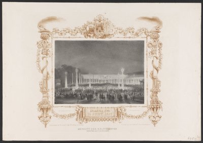 Kvällsfest för studenterna, 1836 Partiet av H.H. Students in the Garden av C. van Leeuwen / Evening of the 14 Juny 1836 (titel på objekt) Plattor för firandet av det andra hundraårsjubileet av Utrechtsche Hogeschool, 1836 (serietitel) av Huib van Hove Bz