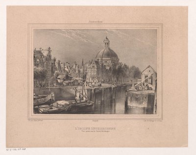 Gezicht op de Stromarkt, het Singel en de Lutherse kerk Den lutherska kyrkan. Utsikt tagen på kanalen (känd som Singel) (titel på objekt) Souvenir of Amsterdam Åtta vyer ritade och litografier från livet av H. van Hove Bz. (serietitel) av Huib van Hove Bz
