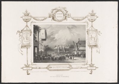 Procession med tryckpress, 1836 Optogt van eene working Drukkerij / 15 juni 1836 (titel på objekt) Plattor för firandet av det andra hundraårsjubileet av Utrechtsche Hogeschool, 1836 (serietitel) av Huib van Hove Bz