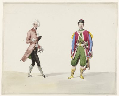 Två män i historisk kostym, 1841 Sex akvareller av historiska dräkter för kostymbalen 1841 (serietitel) av Huib van Hove Bz