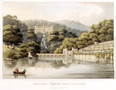 Beaudesert, Staffordshire, från "fragment om teorin och praktiken av trädgårdsskötsel", pub. 1816 (lito i färg) av Humphry Repton
