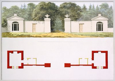 Höjd- och markplaner för föreslagen ny ingångsport och loger, från Röda boken för Antony House, c.1812 (wc på papper) av Humphry Repton