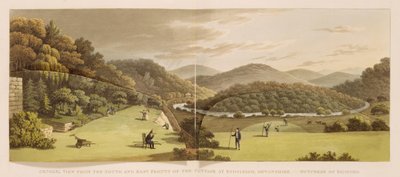 Allmän vy från söder- och östfronten av stugan i Endsleigh, Devon (före) från "Fragment on the Theory and Practice of Landscape Gardening", pub. 1816 (färg litho) (se även 103914) av Humphry Repton