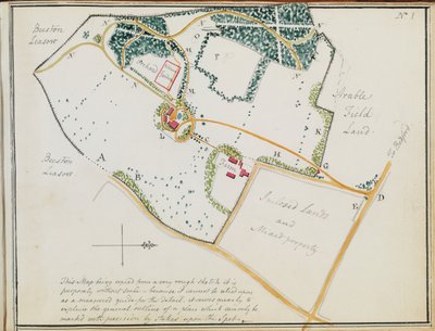 Karta från "Red Books", för "Mogenhanger in Bedfordshire, a Seat of Godfrey Thornton Esq.", 1792 av Humphry Repton