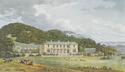 Södra framsidan med västra framsidan i perspektiv, från Red Book för Antony House, ca 1812 av Humphry Repton