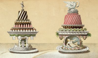 Design för presentationen av Charlottes a la Reine & Pain de Framboises a la Leda, illustration från en ungersk kokbok om fransk matlagning, ca 1880 av Hungarian School