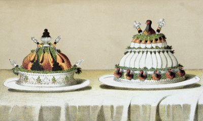 Design för presentation av kyckling fylld med foie gras och fasanbröst tillagade på Berthold-manér, illustration från en ungersk kokbok om fransk matlagning, ca 1880 av Hungarian School