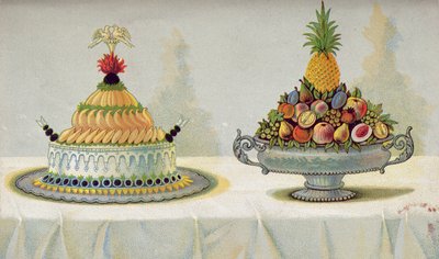Design för presentation av unghöns kyckling med majonnäs och aspic på en bädd av smör och is och frukt, illustration från en ungersk kokbok om fransk matlagning, ca 1880 av Hungarian School