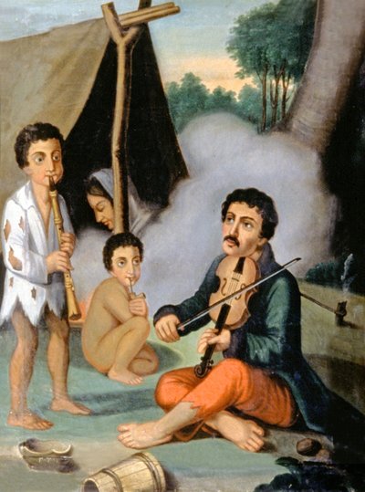 Musiker zigenarfamilj, ca 1880-1900 (målning) av Hungarian School