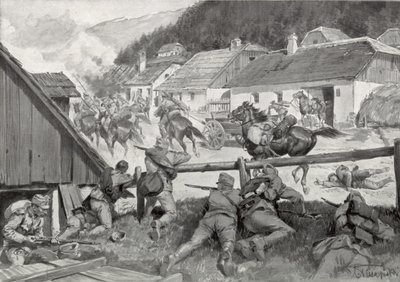 Plundrande kosacker överraskas av ungerska trupper i en ungersk by av Hungarian School