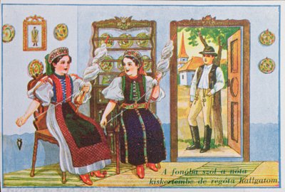 Vykort som föreställer kvinnor i traditionell ungersk klänning som snurrar och sjunger den populära sången Sing a Song to the Frog, ca 1940 av Hungarian School