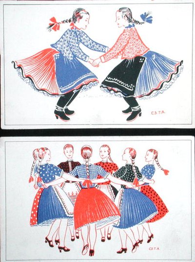 Vykort som föreställer traditionella ungerska danser, ca 1947-8 (lito i färg) av Hungarian School