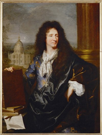 Jules Hardouin-Mansart, förste arkitekt och övervakare av de kungliga byggnaderna, målad 1685 ... av Hyacinthe Francois Rigaud