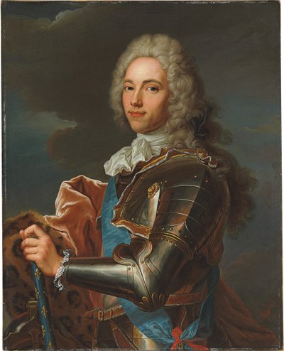 Porträtt av Duc de Broglie, i skärp av Sainte Esprit-orden, med batong av en marskalk av Frankrike av Hyacinthe Francois Rigaud