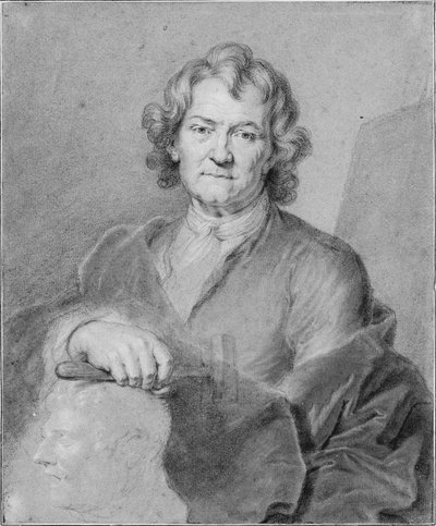 Porträtt av Pierre Puget, hans högra hand håller i en hammare och vilar på ett skulpterat huvud av Hyacinthe Francois Rigaud