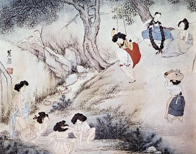 Kvinnor utomhus (badar i floden och gungar) och två män som tittar på dem, Kree - av Hye-Wol, Yi Dynasty av Hyewon