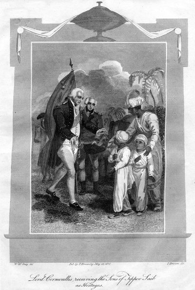 Lord Cornwallis 1738-1805 tog emot Tippoo Saibs söner som gisslan, 1816. av I. Brown