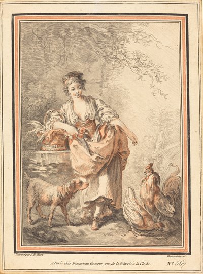 Kvinna som matar kycklingar av I Gilles Antoine Demarteau after Jean Baptiste Hüet